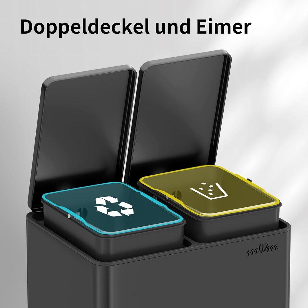 mVm Mülleimer Küche,30 Liter Treteimer,2 x 15 Liter Treteimer, 2 Fächer, Mülltrennsystem, Abfalleime