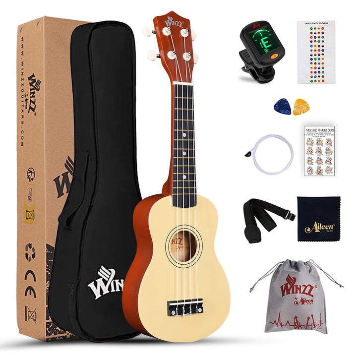 Winzz Sopran Ukulele Starter Kit für Anfänger, mit Tasche, Clip-On Tuner, zusätzlichen Saiten, Gurt,