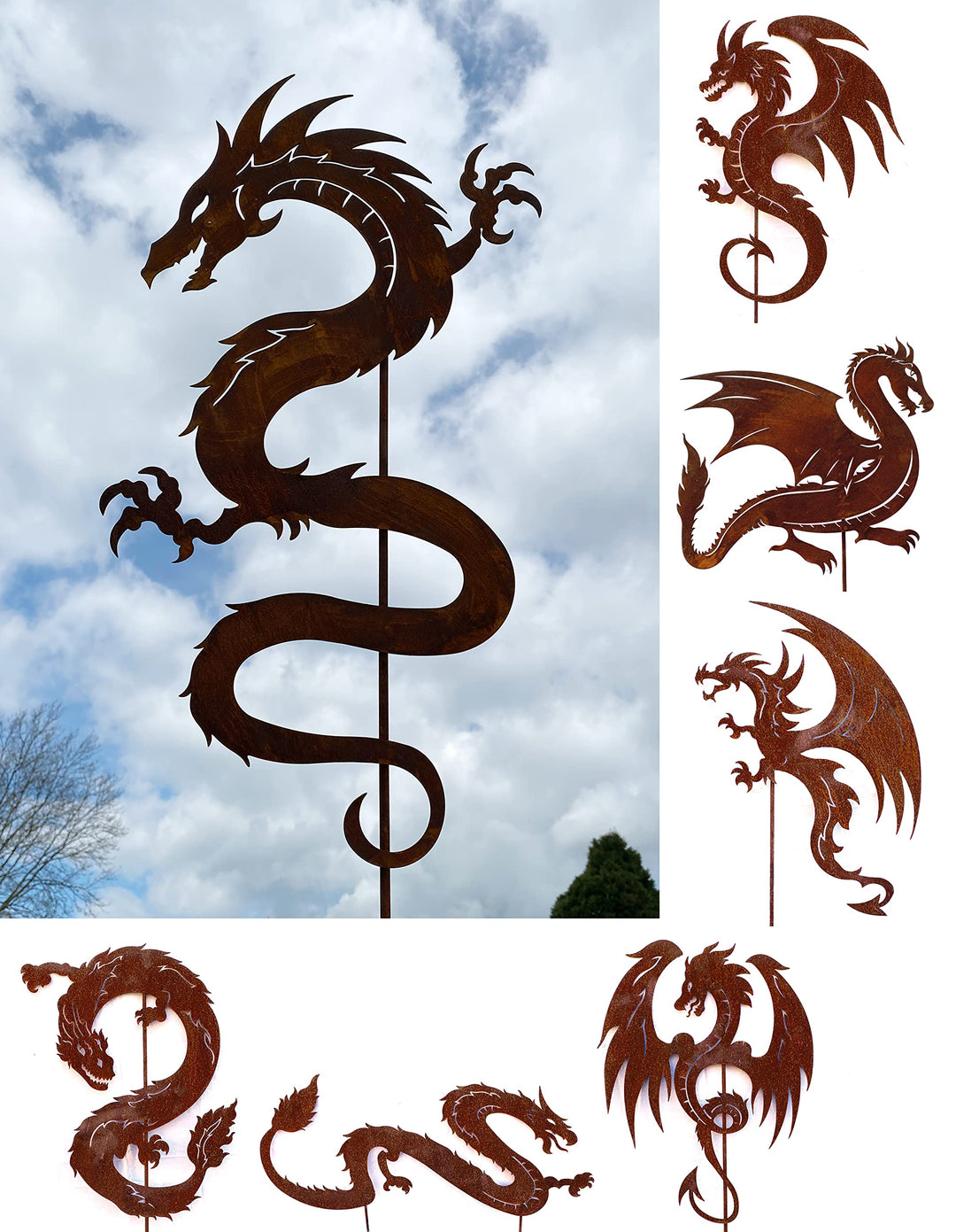 Gartenfigur Chinesischer Drache Schlange 75x43cm + Stab Gartenstecker Edelrost Gartendeko Wetterfest