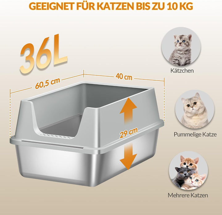 Katzenklo Edelstahl, XXL Hoher Rand Katzentoilette, Hellgrau Hellgrau 1 Stück, Hellgrau 1 Stück