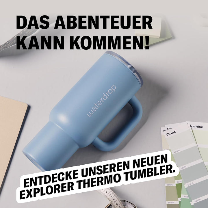 waterdrop® Thermobecher mit Strohhalm 1,1L – Auslaufsichere, robuste Trinkflasche mit aufklappbarem
