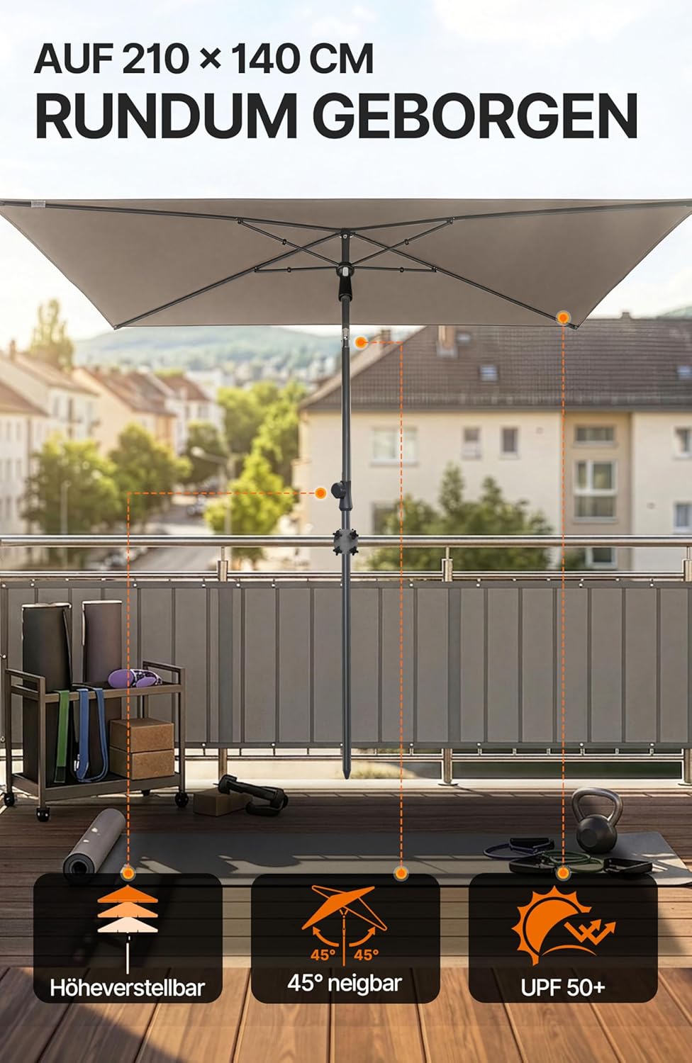 4smile SunnyShade Balkonschirm Rechteckig 210x140 cm, Sonnenschutz Balkon mit UV 50+, Sonnenschirm B