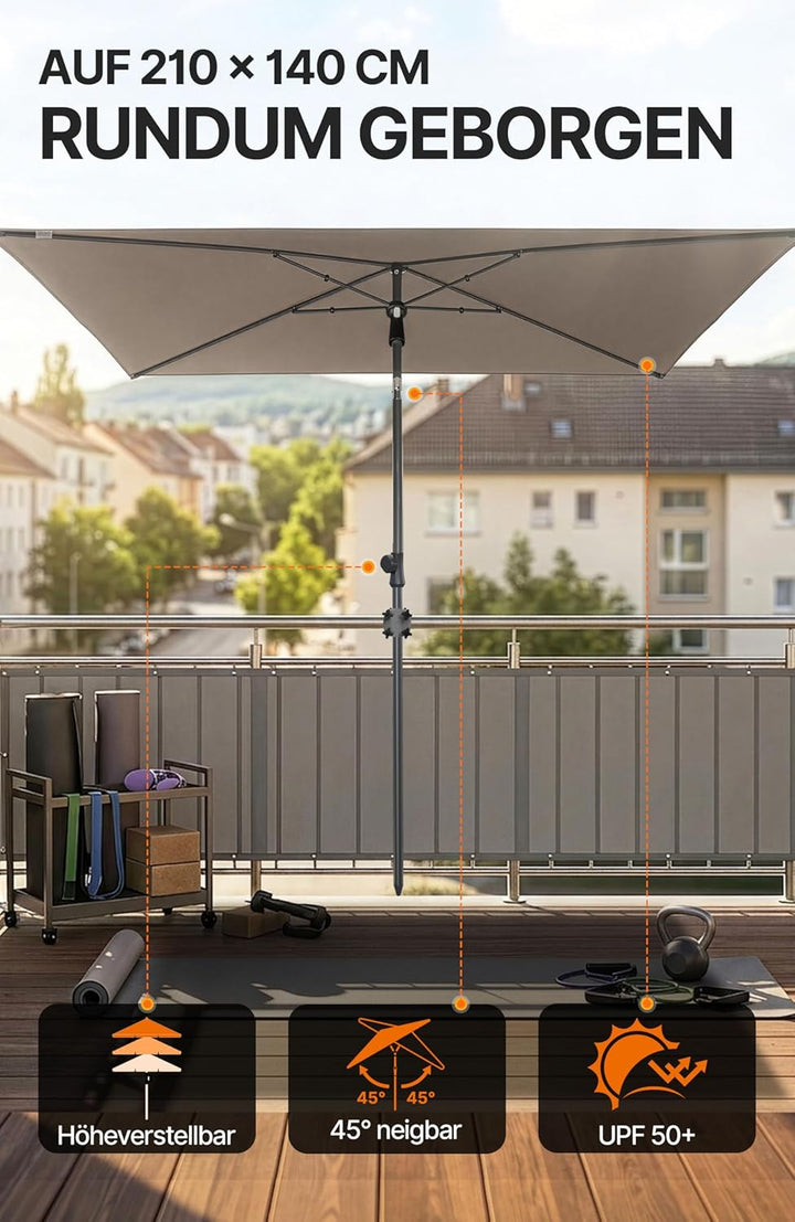 4smile SunnyShade Balkonschirm Rechteckig 210x140 cm, Sonnenschutz Balkon mit UV 50+, Sonnenschirm B
