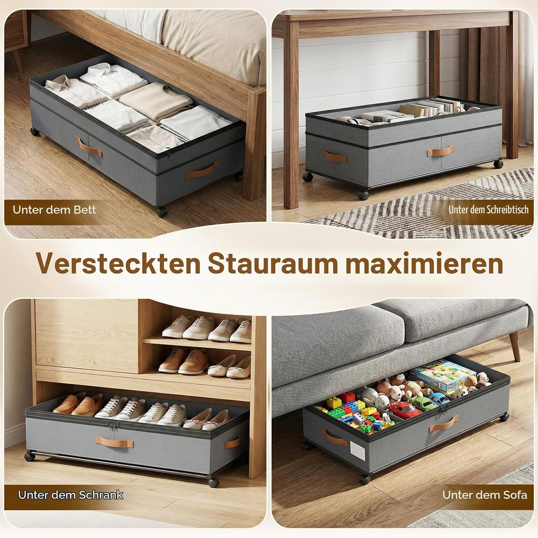 2 Stück Unterbett Aufbewahrungsbox 72L, Unterbettkommode Bettkasten mit Rollen 360°Drehung, Unterbet