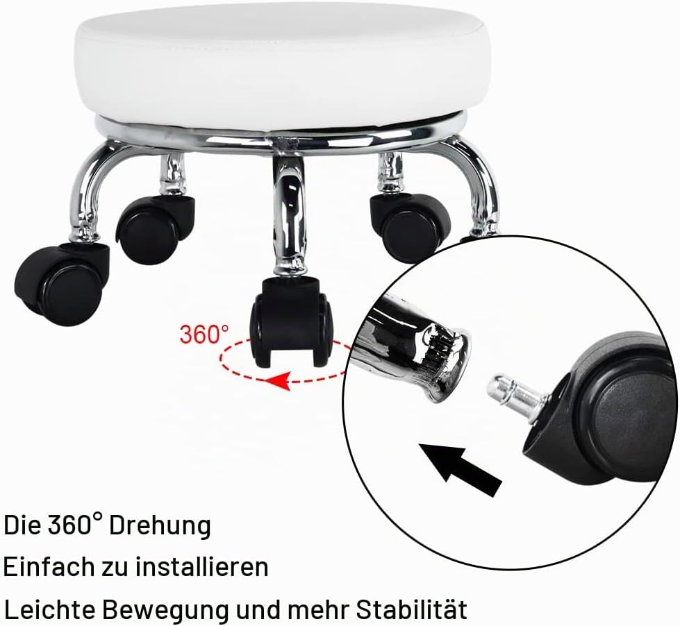 WKWKER Rollsitz PU Leder Low Round Rollhocker Kleiner Hocker mit Universal Drehrollen Rollen für Hom