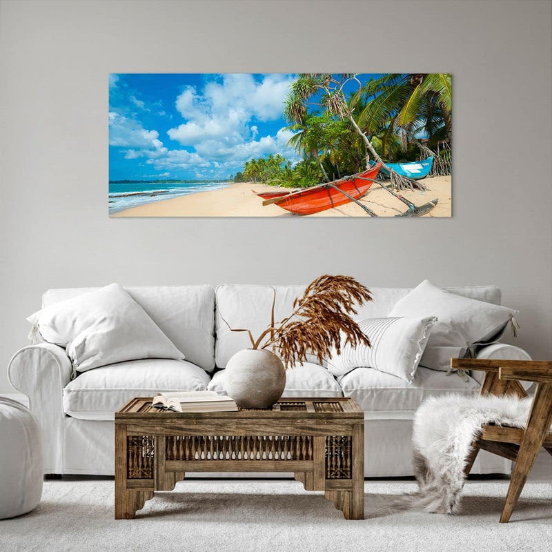 Wandbilder Dekoration Wohnzimmer Golf Ozean Palme Boot Panorama Bilder auf Leinwand 120x50cm Leinwan