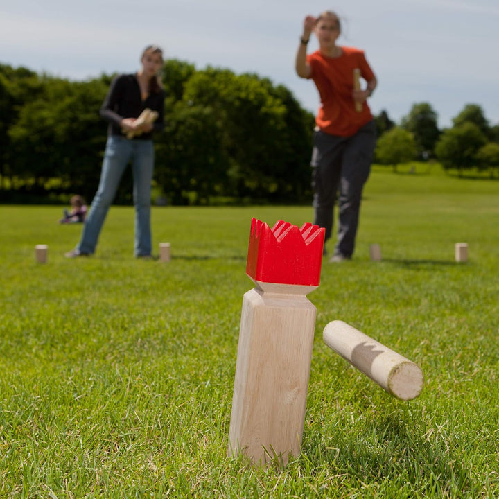 Relaxdays Wikinger Wurfspiel aus Kiefernholz, Natur Kubb Wikingerspiel, roter König, gross, Gartensp