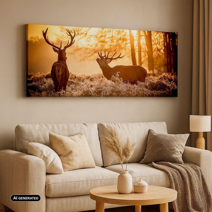 Wandbilder Dekoration Wohnzimmer Deer Heidekraut Tier Panorama Bilder auf Leinwand 120x50cm Leinwand