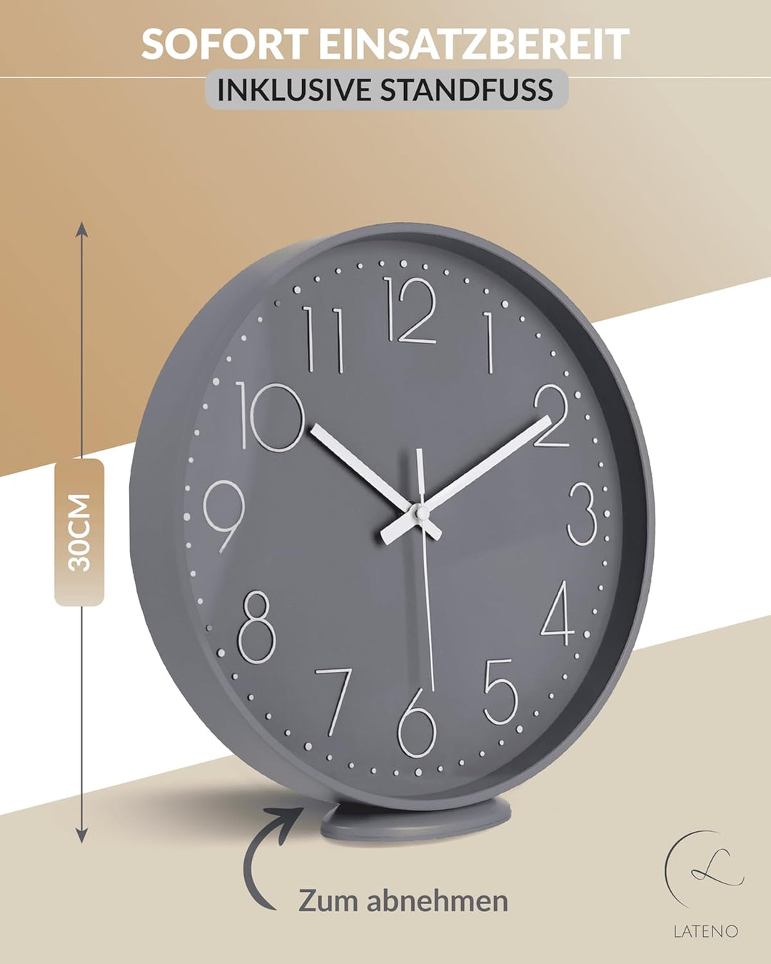 LATENO - Wanduhr zum aufstellen oder aufhängen - grau 30 cm - lautlos - klassisch und modern - Wandu