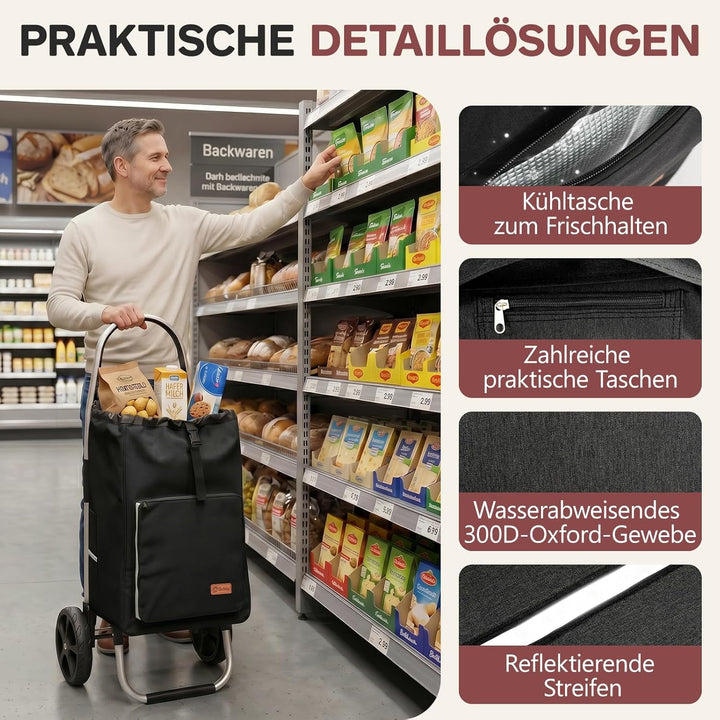 Sekey Einkaufstrolley klappbar, 50L Einkaufstasche mit Kühlfach, Aluminiumrahmen, Faltbarer Einkaufs