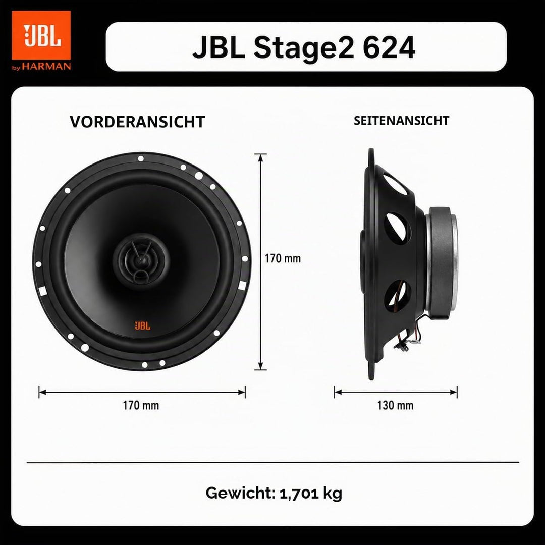 JBL Stage2 624 2-Wege Auto Lautsprecher Set von Harman Kardon - 240 Watt KFZ Autolautsprecher Boxen