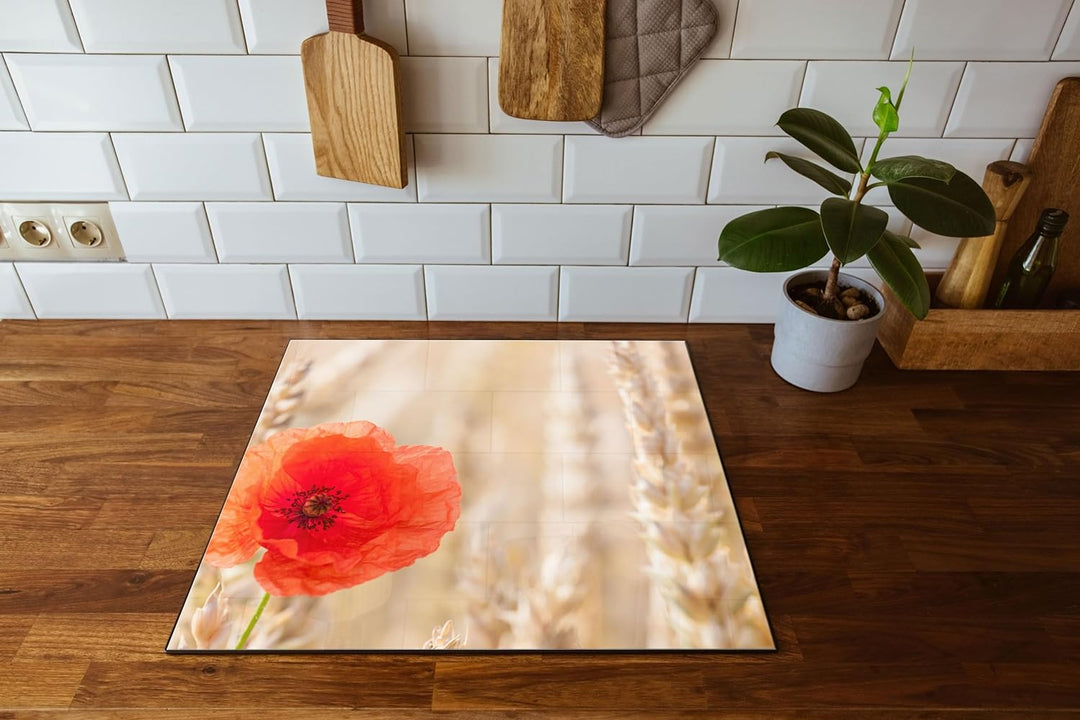 Mohnblume im Kornfeld Herdabdeckplatte & Spritzschutz aus Echtglas | Für Herd-Kochfelder | 60x52 cm