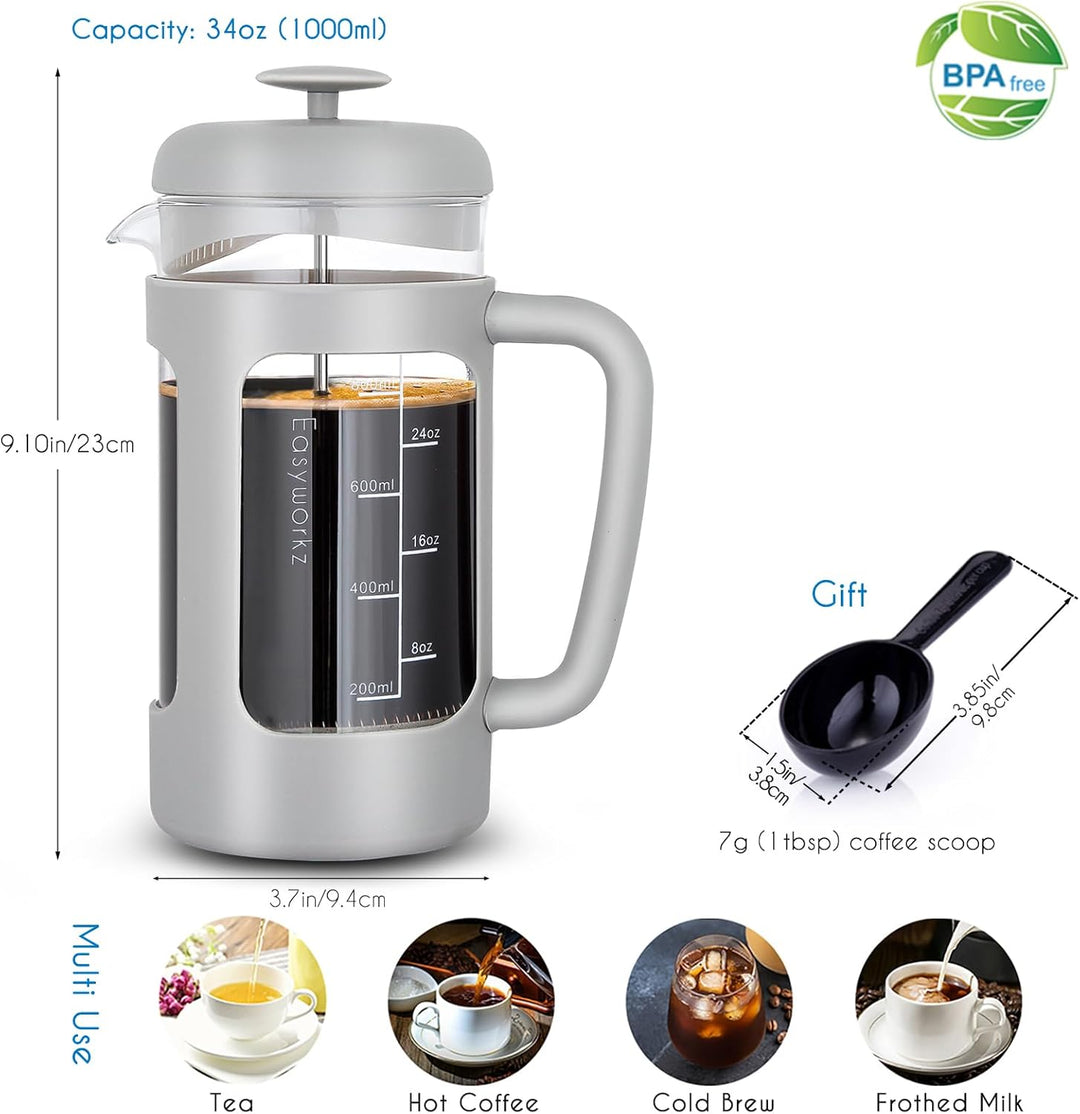 Easyworkz French Press 1000 ml Kaffee-/Teezubereiter mit Borosilikatglas, Softgrip-Griff, Hellgrau H
