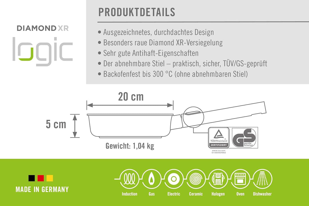 Woll Diamond Logic XR Flachpfanne - Induktiv -, Ø 20 cm, 5 cm hoch, mit abnehmbarem Stiel - Geeignet