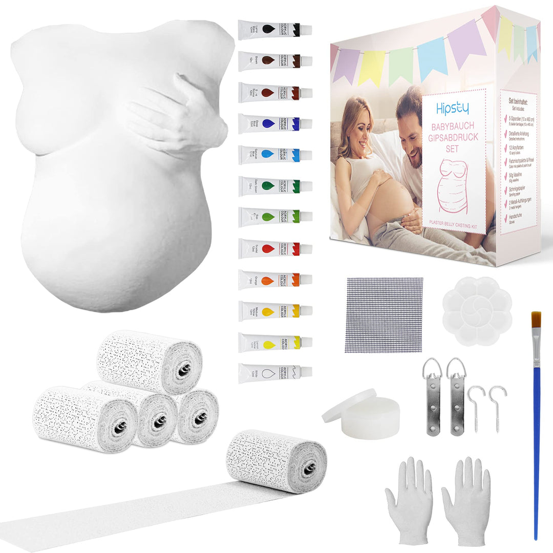 Hipsty Gipsabdruck Babybauch Set mit (23m) Gipsbinden, 12 Acrylfarben & vielem mehr | Der Bauchabdru