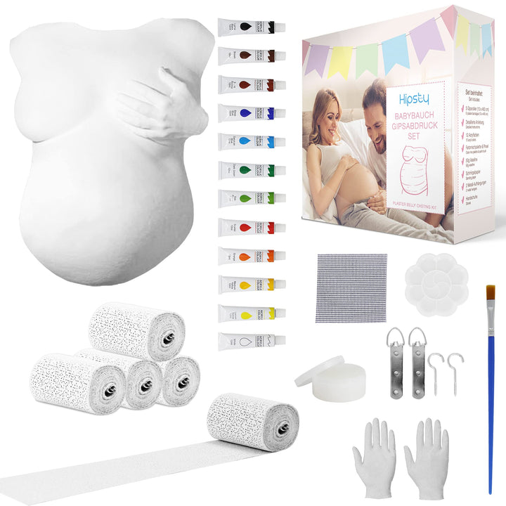 Hipsty Gipsabdruck Babybauch Set mit (23m) Gipsbinden, 12 Acrylfarben & vielem mehr | Der Bauchabdru