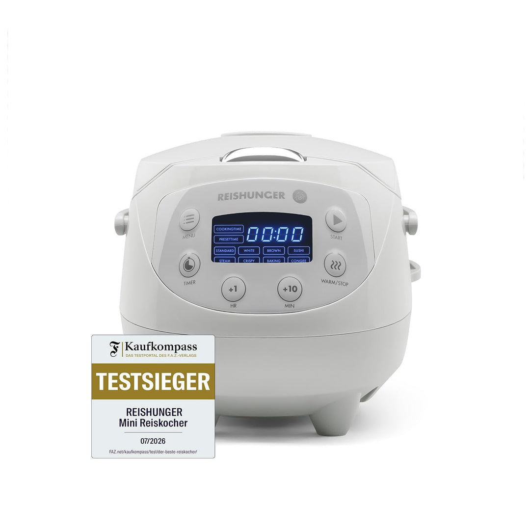 Digitaler Reishunger Mini Reiskocher und Dampfgarer in Grau - Warmhaltefunktion, Timer &amp; Premium Top