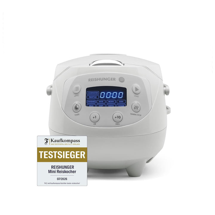 Digitaler Reishunger Mini Reiskocher und Dampfgarer in Grau - Warmhaltefunktion, Timer &amp; Premium Top