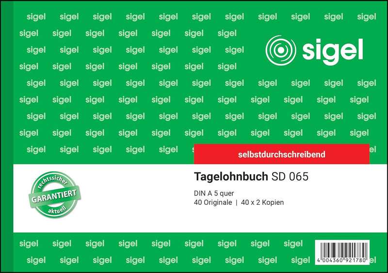 SIGEL SD065/5 Tagelohnbuch A5 quer, 3x40 Blatt, selbstdurchschreibend, 5 Stück, 5 Stück