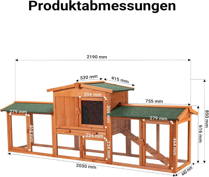 Wiltec Hasenstall 2190 x 530 x 850 mm mit Freilaufgehege und erhöhtem Unterschlupf aus Fichtenholz,