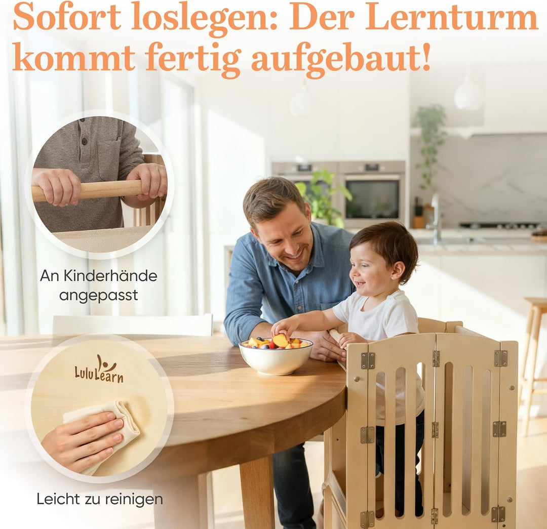 Lernturm ab 1 Jahr [FALTBAR] – Montessori Learning Tower, vormontiert, höhenverstellbar & extra sich