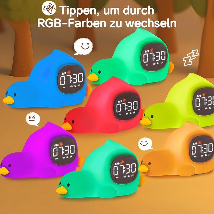 Yiliaw Liegende Ente Kinderwecker mit Nachtlicht – Schlaftrainer &amp; Aufwachuhr, wiederaufladbare Sili