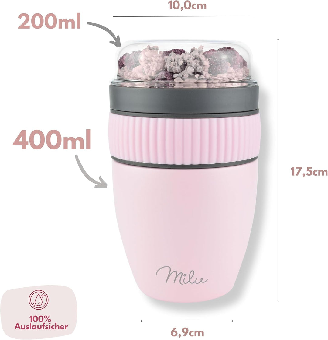Milu Müslibecher to go 400ml I isolierter Edelstahl Joghurtbecher für Müsli I auslaufsicherer Becher