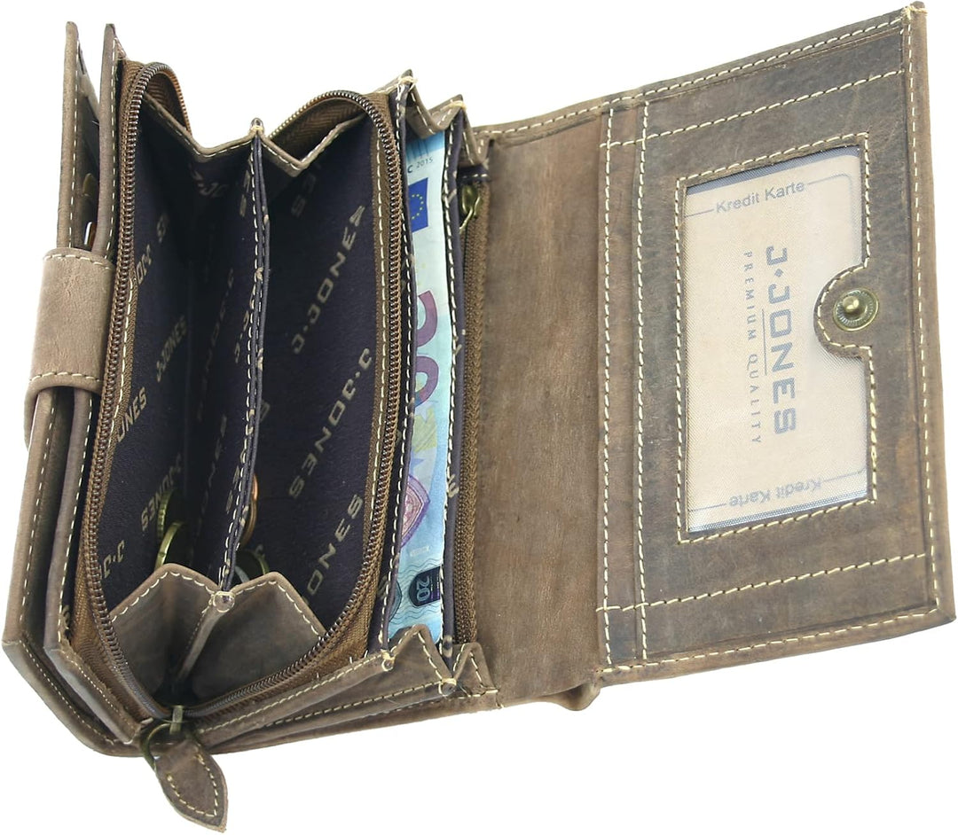 WILD THINGS ONLY !!! Grosse Damen Geldbörse aus Antik-Leder mit vielen Fächern - Motiv-Prägung - Far