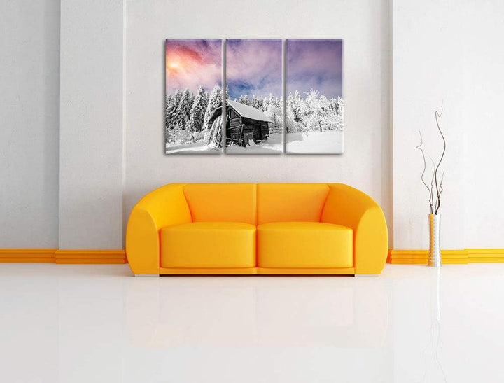 Einsame gemütliche Holzhütte im Schnee schwarz/weiss 3-Teiler Leinwandbild 120x80 Bild auf Leinwand,