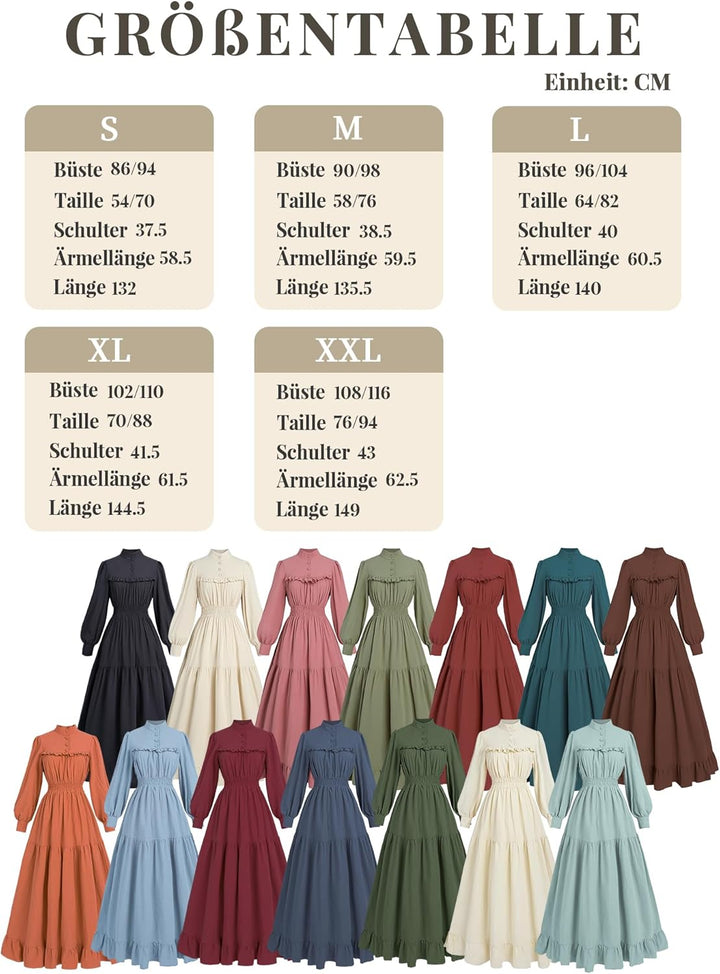 FCCAM Renaissance Kleid Mittelalter Kleidung Damen Vintage Kleider Damen Kleid Langarm Viktorianisch
