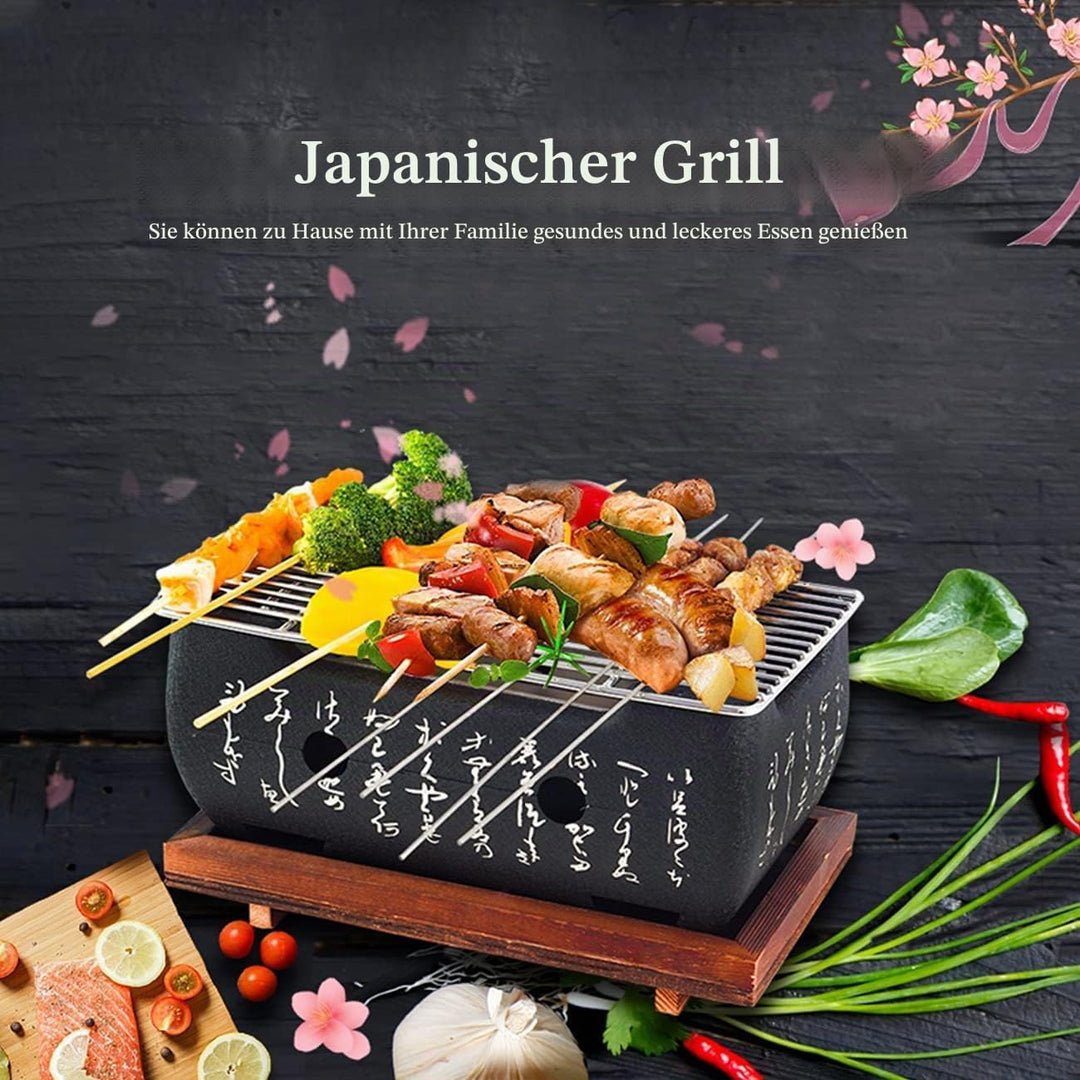 Japanischer BBQ Grill Mini Holzkohle Tischgrill mit Backblech Drahtgitter und Holzbasis, 24 x 12,5 x