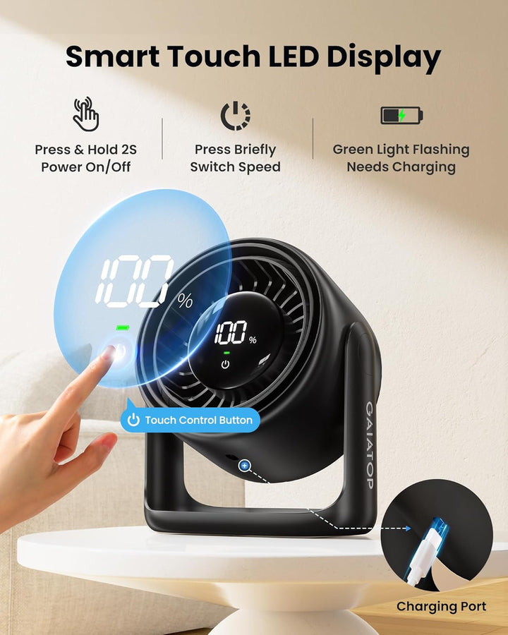 Gaiatop Tischventilator mit Touch-Steuerung, 4000-mAh-Akku, 5 Speeds, leiser Mini-Ventilator mit LED