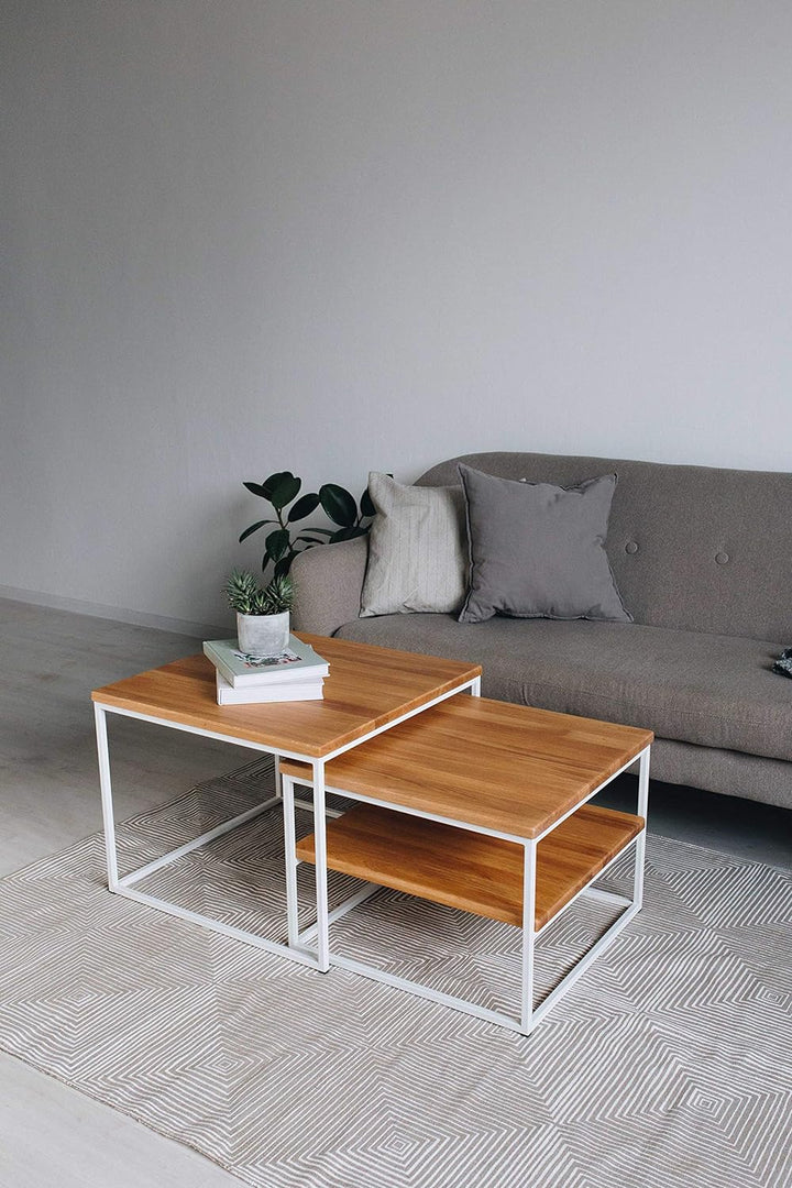 Original BestLoft® 2er-Set Couchtisch Twinsburg aus edler Eiche Industriedesign (Eiche Natur + Geste
