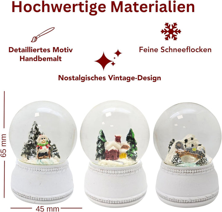 3 süsse Mini-Schneekugeln Winter und Weihnacht | weiss Sockel Nostalgie | Durchmesser 45mm | Höhe 65