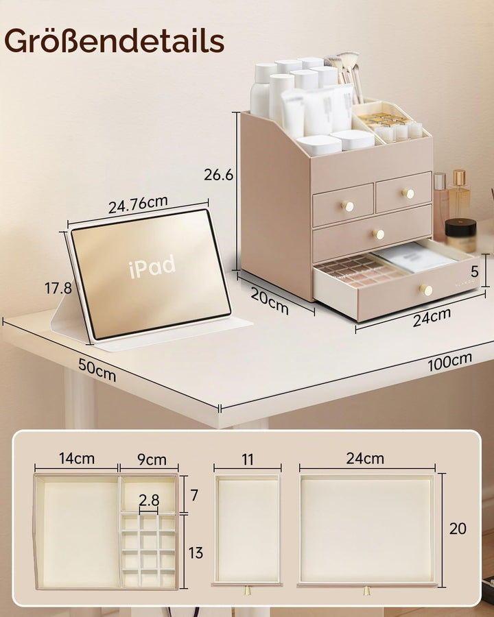 VLANDO Make up Organizer mit 4 Schubladen, Schminktisch Kosmetik Skincare Parfüm Organizer, für Bade