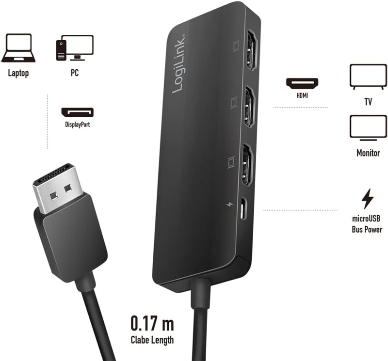 LogiLink 4K DisplayPort zu HDMI Splitter, 1x DP zu 3x HDMI, DisplayPort Signal auf 3 HDMI Geräte gle