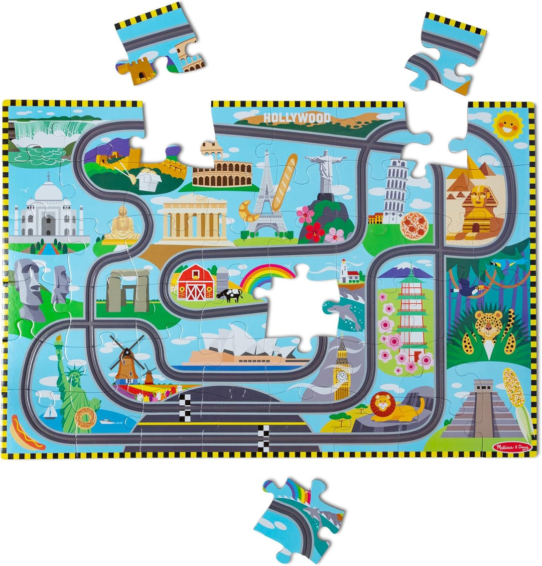 Melissa & Doug Bodenpuzzle Autorennen Rund um die Welt inkl. 2 Spielautos | 50-teilig| 91,4 x 68 cm