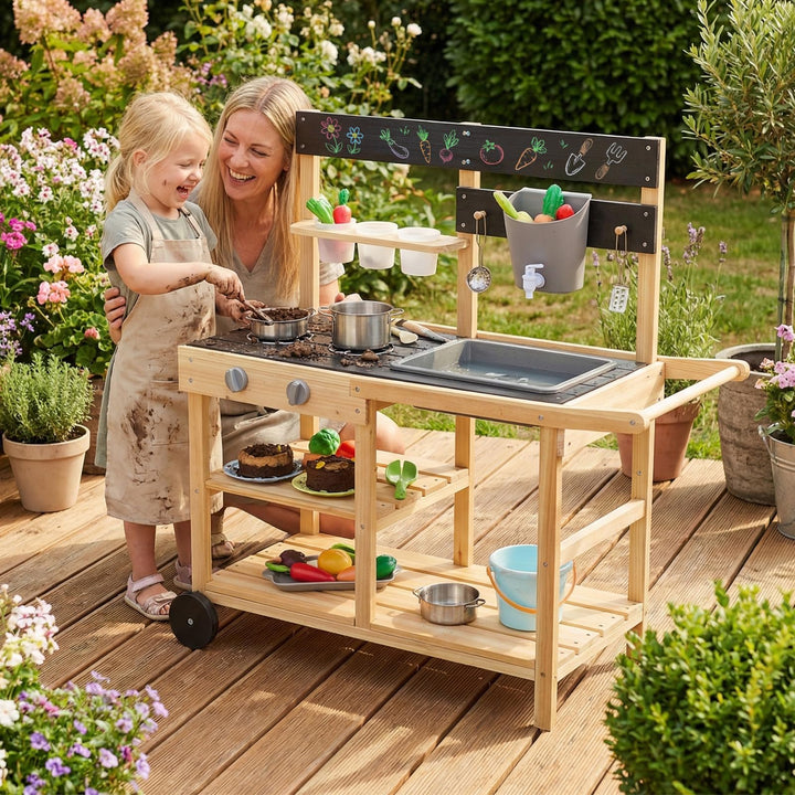 COSTWAY Matschküche Kinder Outdoor, Spielküche mit Wassertank &amp; Wasserhahn | Kinderküche mit Rädern,