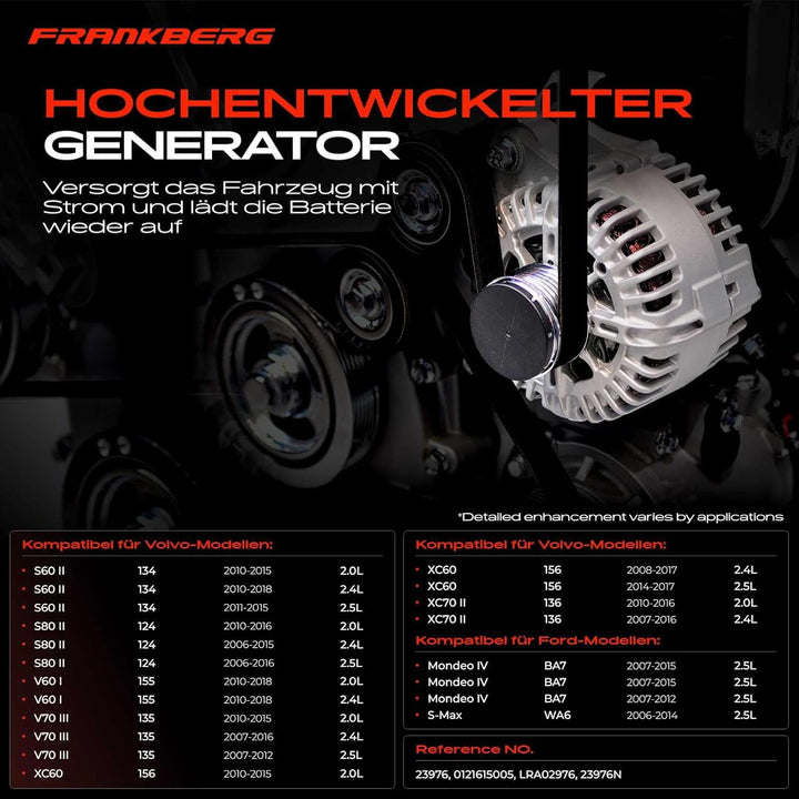 Frankberg Lichtmaschine Generator Kompatibel mit Mondeo IV BA7 2.5L 2007-2015 S60 II 134 2.0L-2.5L 2