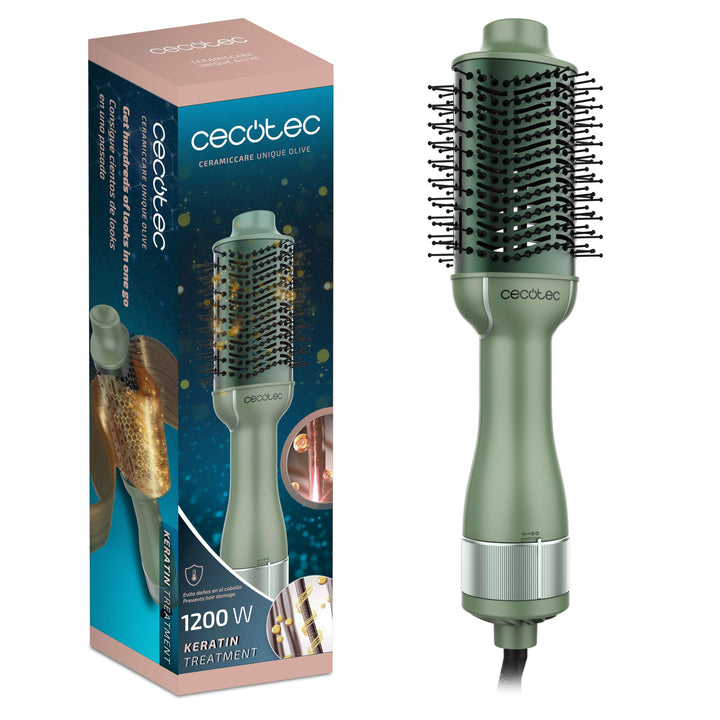 Cecotec CeramicCare Unique Olive Luftbürste, 1200 W, entwirrt, trocken, Volumen, glättet und wellig,