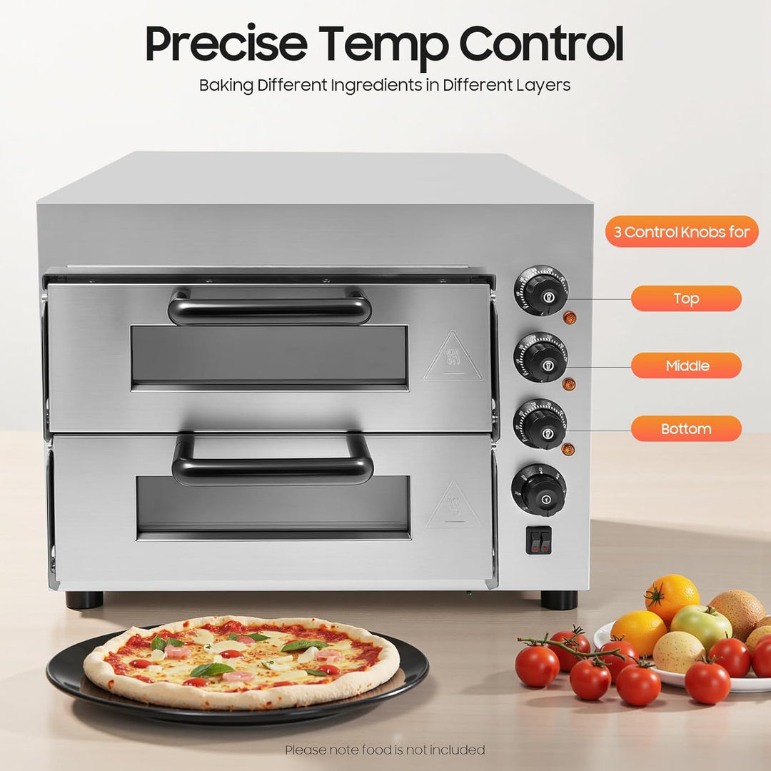 3000W Doppellagig Mini Pizzaofen Elektrisch,Kommerzieller Pizza Backofen mit Zeitschaltfunktion und