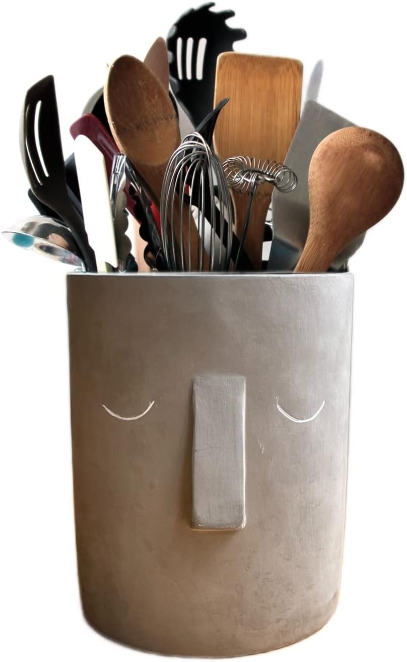 Utensilienhalter mit Gesichts-Motiv, inkl. passendem kleinen Kräutertopf Natural Grey And White, Nat