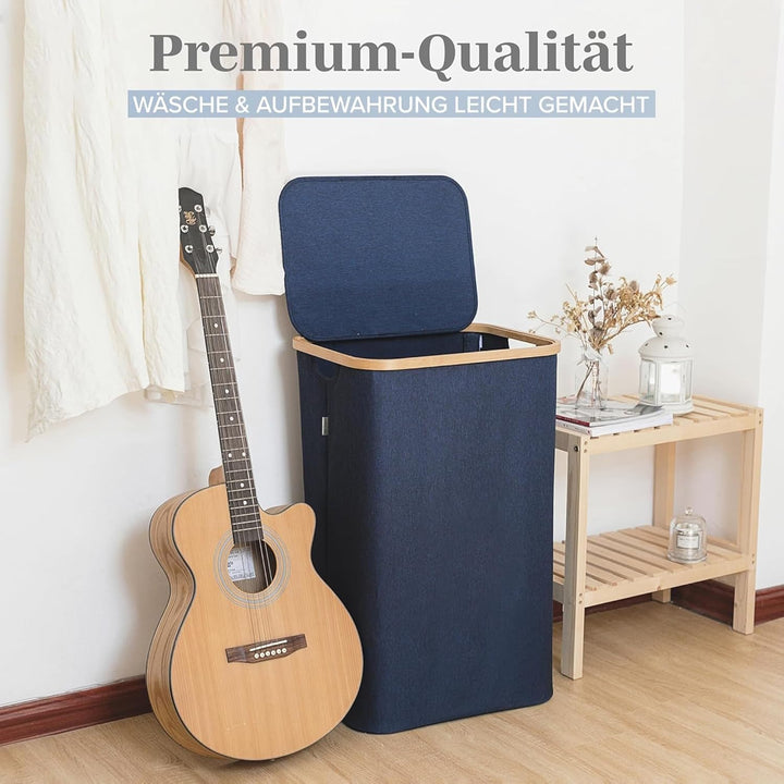 Lonbet - Wäschekorb mit Deckel Gross - XL 100 Liter - Wäschekorb Holz Bambus - Wäschesammler Blau mi