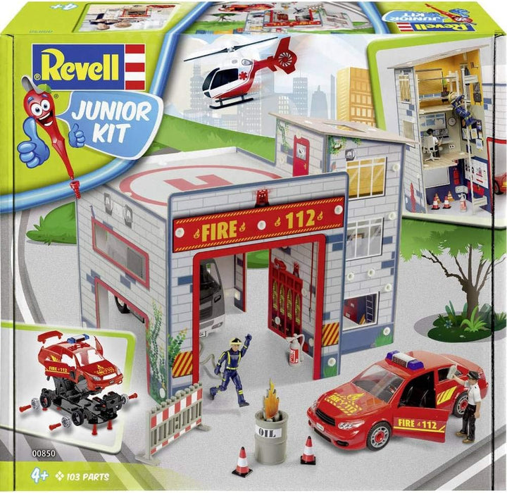 Revell Junior Kit 00850 Spielset Feuerwache, mit bespielbarer Feuerwehrstation, Auto, Figuren und Zu