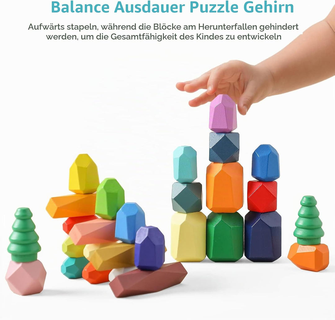 Montessori Holzspielzeug 28 PC Balanciersteine für Kinder,Stapelsteine Bausteine Balance Steine, Hol