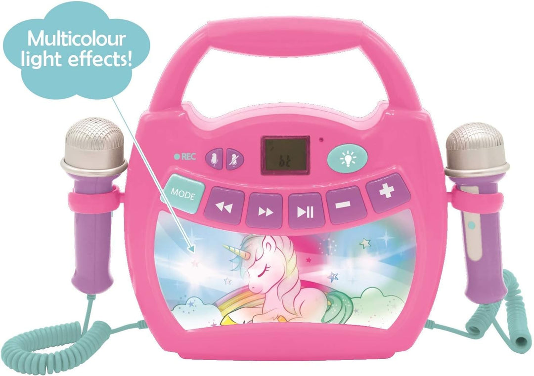 Lexibook MP320UNIZ Einhorn-Tragbarer digitaler Karaoke-Player für Kinder-Mikrofone, Lichteffekte, Bl
