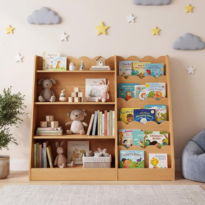 COSTWAY Kinder Bücherregal aus Holz, 5 stufiges Kinderregal mit 4 offenen Ablagen & versteckem Ablag