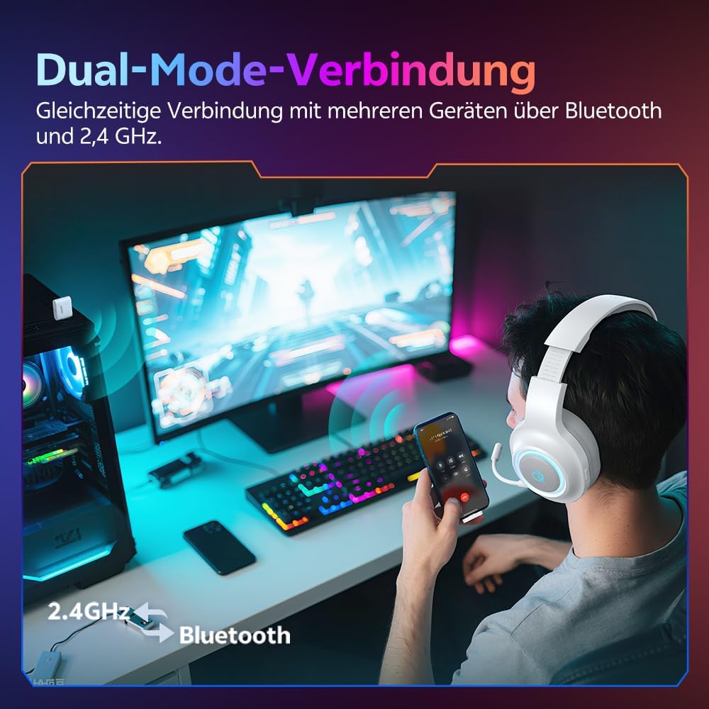 QCY HEROAD V200 Gaming Headset,2.4GHz Wireless Headset mit mikrofon für PS5,PS4,PC,Switch,Abnehmbare