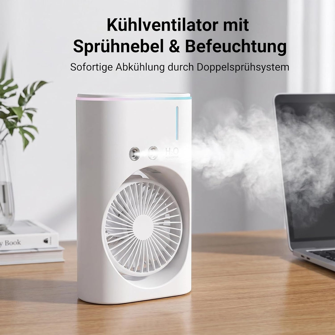 EXTRASTAR Ventilator mit Sprühnebel, USB Akku, 3 Geschwindigkeits- & 2 Sprühstufen, Tischventilator