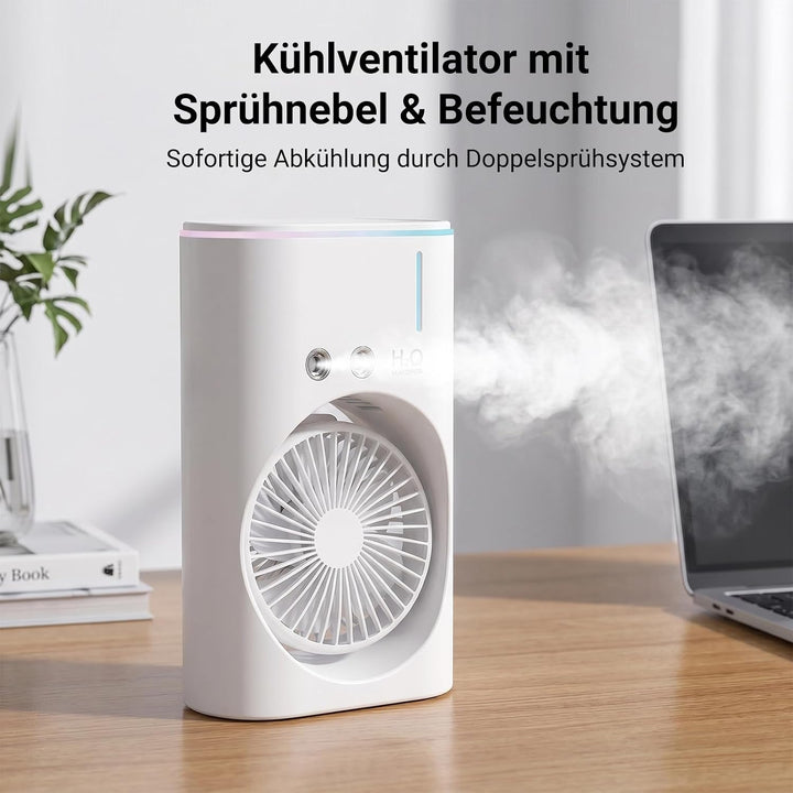 EXTRASTAR Ventilator mit Sprühnebel, USB Akku, 3 Geschwindigkeits- & 2 Sprühstufen, Tischventilator